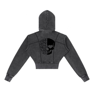 Women's <b>Cropped</b> Hooded <b>Zip</b>-<b>Up</b> Sweatshirt Solid Color Full Sleeve Knitted Cotton Autumn Casual Streetwear - Product Image 2