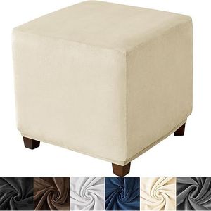 20230624 Beige Small <b>Square</b> Ottoman Cover Elastic Bottom Slipcover Velvet Stretch for Storage Foot Stool Furniture Cover - Product Image 1