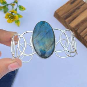 Natural Labradorite Cuff <b>Bangle</b> 925 Sterling Silver Adjustable Bracelet Handmade Gemstone Jewelry Gift For Her - Product Image 1