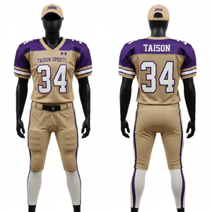 ชุดอเมริกันฟุตบอลหญิง ผ้าโพลีเอสเตอร์ตาข่ายระบายอากาศ 280 GSM ดีไซน์แผงสีทองม่วง พร้อมปักโลโก้หมายเลขแบบ Tackle Twill ตามสั่ง - Product Image 1