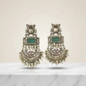 Pendientes Colgantes de Ágata de Estilo Bohemio Tribal Étnico Indio de Plata Oxidada al por Mayor, Joyería de Moda Antigua para Mujer - Product Image 1