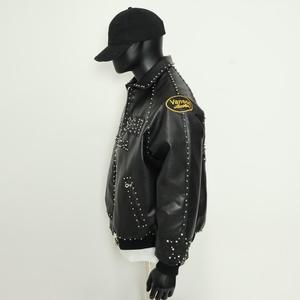Men Varsity Jacket Black Studded Letter Print Turn <b>Down</b> Collar Zipper Faux Leather Retro Casual Streetwear Varsity Jacket - Product Image 3