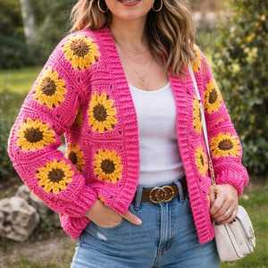 Women's Crocheted Pink Sunflower Cardigan V-Neck Bohemian Style Full Sleeve Spring Floral Knit Sweater - Product Image 1
