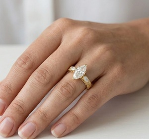 Vintage Marquise Engagement Ring Lab Grown Diamond 14K Gold Hand Engraved Heirloom Ring Filigree Wheat Band with Milgrain Edges - Product Image 2