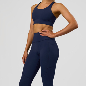 Women's Navy Blue Racerback Sports Bra Scoop Neck <b>Seamless</b> Medium Support Yoga Fitness Top - Product Image 3