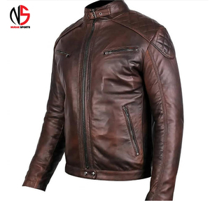 Veste de moto d'hiver pour homme en cuir véritable marron de haute qualité, imperméable, coupe-vent, col mandarin, logo frontal, respirante - Product Image 1