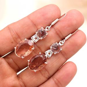Morganite Oval Cut <b>Dangle</b> <b>Earrings</b> 925 Sterling <b>Silver</b> | Peach Pink Gemstone Drop <b>Earrings</b> | Elegant Handmade Long <b>Earrings</b> for - Product Image 3