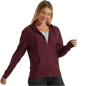 Sweat-shirt gris à capuche zippé pour femme, manches longues, couleur unie, tricoté, respirant, hiver, 100% coton, ODM Front - Product Image 2
