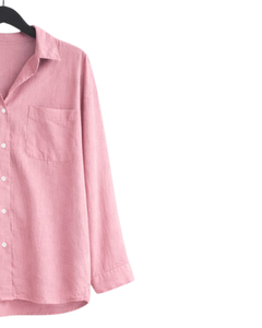Ensemble deux pièces en lin rose pour femme, chemise à manches longues boutonnée et pantalon large à taille élastique, tenue décontractée pour la maison - Product Image 2