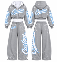 Survêtements en tissu 100% coton imprimés avec des motifs personnalisés, nouveau look vintage, sweat à capuche zippé court avec pantalon évasé, ensemble deux pièces