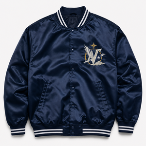 Navy Satin Varsity Jacket Men Embroidered Logo Front Preppy Style Autumn Regular Fit Turn-down Collar - Product Image 1