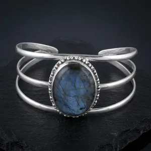 Pure 925 Sterling <b>Silver</b> Blue Labradorite <b>Cuff</b> <b>Bracelet</b> Gemstone Bezel Set Statement Jewelry For Women EverydayWear - Product Image 2