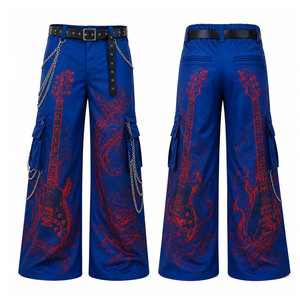 Men's Blue Wide Leg Cargo Pants With Red Guitar Print High Waist Multiple Pockets Punk Style Breathable Polyester Trousers - Product Image 1
