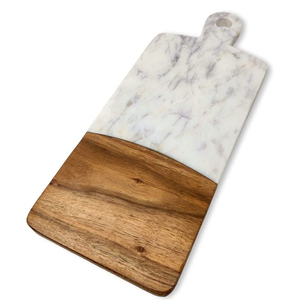 Tabla de cortar redonda de madera de acacia premium y mármol blanco, bandeja decorativa para servir en la cocina con asa de cuero, precio de oferta. - Product Image 6