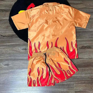 <b>Men</b> Flame Print Tracksuit Set Short Sleeve Zip-Up <b>Jacket</b> With Matching Shorts Satin Fabric Street Style <b>Summer</b> Wear - Product Image 6