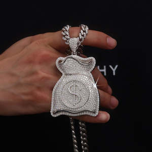 Pendentif Sac d'argent en Argent Sterling 925 avec Diamants de laboratoire pavés, Collier Statement pour Mariage et Soirée, Unisexe - Product Image 3