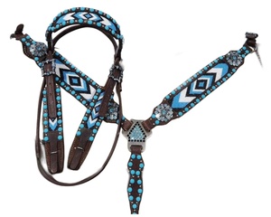 Ensemble de sellerie pour cheval en cuir naturel souple, orné de perles de couleur personnalisée, léger, pour équitation saisonnière, avec Selle anglaise, Têtière et Plastron - Product Image 1