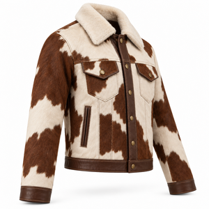 Custom Mens Pearl <b>Cream</b> Cocoa Brown <b>Hair</b> On Cowhide Western Jacket <b>Straight</b> Yoke Cowboy Ranch Coat OEM Wholesale Supplier Winter - Product Image 3