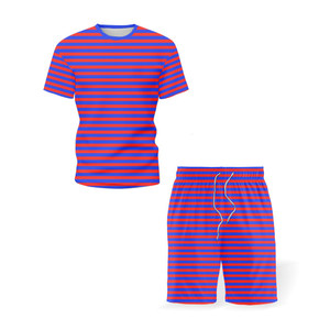Ensemble t-shirt et short rayés rouge et blanc pour homme, col rond, décontracté, respirant, vêtements d'été, coton tricoté - Product Image 4