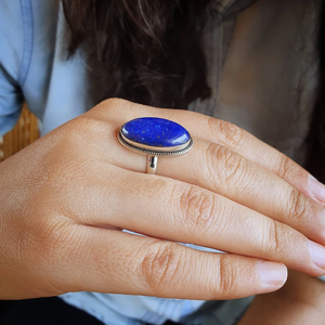 แหวนพลอยลาพิส ลาซูลีธรรมชาติ แหวนเงินแท้ 925 ทำมือ สำหรับเด็กหญิงและสตรี - Product Image 2