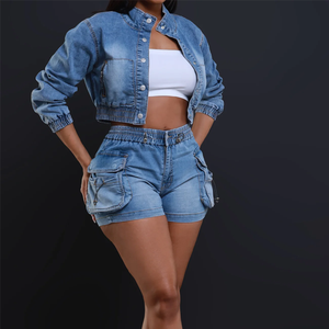 Veste en jean pour femme, style trucker, manches longues, col montant, boutonnée, coupe courte, couleur unie, style décontracté d'été - Product Image 3