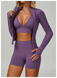 Custom High Quality Quick Drying Shrinking Waist Thin Women <b>Jacket</b>+Bra+shorts Three-piece Set Sports Fitness <b>Yoga</b> Gym Wear <b>Yoga</b> - Product Image 2