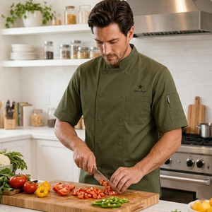 Chaqueta de chef con logotipo bordado personalizado, corte regular, manga corta, uniforme de cocinero - Product Image 2