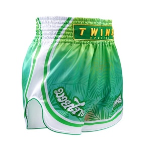 High Quality Customized Twins Green Satin Muay Thai Shorts Sublimation Printed Kickboxing Premium Wide Leg Martial Arts Shorts - Product Image 2