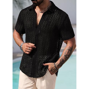 Camisa de punto calado para hombre, informal, de verano, con textura de ganchillo y botones - Product Image 4