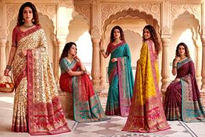 Sari en soie Pashmina Rajwadi, tissage de fils cachemiriens, pallu, bordure Zari lourde, doux, traditionnel, pour mariage et fêtes - Product Image 1
