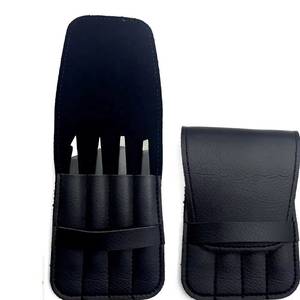 Ensemble de pinces à cils de précision en acier inoxydable à pointe lisse, 4 pièces, emballage en cuir noir - Product Image 1