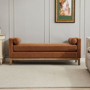 Elegant 66.34\" Upholstered BenchDaybed in Oak with Wood Legs 2 Bolster Pillows <b>End</b> <b>Bed</b> Bedroom Living Room Furniture" - Product Image 4