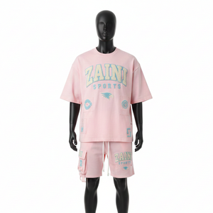 Ensemble T-shirt et short en jersey de coton de luxe pour homme, toucher doux, rose, logo personnalisé imprimé en relief, style cargo. - Product Image 6