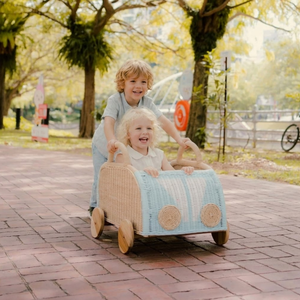 Natural Rattan Children Car Toy Buggy for Playing Storage Organizer Cart Kid Room Wicker Rolling Storage Basket Wholesale - Product Image 1