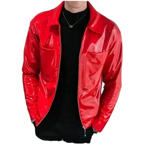 Nouveau cuir véritable toile brillant hommes scène Costume discothèque chanteur fête veste rouge café noir étanche écologique - Product Image 1