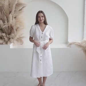 Robe longue boutonnée 100 % coton et lin pour femme, col en V, manches courtes, ceinturée, style vintage, respirante, écologique, décontractée, été, vente en gros - Product Image 6