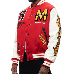 Veste universitaire rouge pour homme, style décontracté, avec patchs lettres brodés, col rabattable, coupe classique, coupe-vent d'hiver, 100 % polyester - Product Image 4
