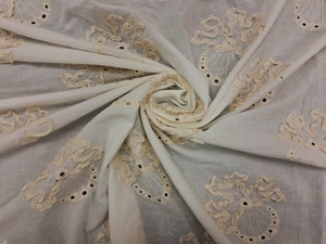 High Quality Premium <b>White</b> Cotton Fabric with Beige Fabric <b>Taping</b> & Eyelet Embroidery - 3D Textured Floral Motif Material - Product Image 5