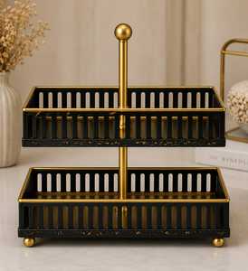 Two Tier Rectangular Serving <b>Tray</b> Black Gold Metal <b>Tray</b> Stand Luxury Dessert Display Stand Kitchen Counter Organizer Cake Stand - Product Image 2