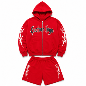 Heavyweight Organic Cotton Sun Fade Hoodie Shorts Set <b>Full</b> <b>Zip</b> <b>Sweatshirt</b> Relaxed Fit Streetwear Two Piece Outfit Custom OEM - Product Image 1