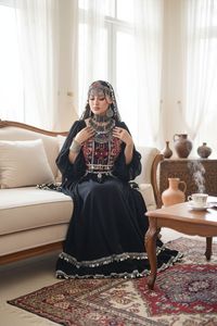 Low Price Afghani <b>Dress</b> Women Traditional Embroidered <b>Maxi</b> Bohemian Style <b>Long</b> <b>Sleeve</b> O-Neck Loose Fit Black Patchwork Design - Product Image 3