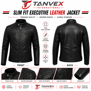 Chaqueta de Cuero para Hombre TANVEX, Corte Entallado, Estilo Ejecutivo, Color Negro, Cuello Alto, Ecológica, Estilo Motero, con Cierre y Bolsillos Delanteros - Product Image 1