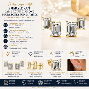 Pendientes de Diamantes Cultivados en Laboratorio con Corte Esmeralda en Oro Sólido de 18K |   Diseño de cuatro piedras de 1.47 CT - Product Image 1