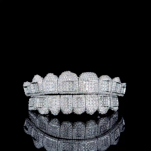 Grillz de Dientes de Lujo con Diamantes, Plata 925 con Baño de Rodio, Microincrustaciones, Corte Brillante Redondo y Corte Princesa, Unisex - Product Image 1