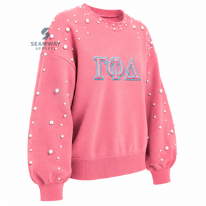 Sweat-shirt en molleton de coton pour femme Gamma Phi Delta, orné de perles, col rond, lettres grecques brodées, pull décontracté - Product Image 2