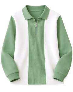 Sudadera Polo de Manga Larga para Hombre, Color Verde Salvia y Blanco, con Cierre de Cremallera, Paneles Acanalados, Estilo Casual, de Forro Polar, para Uso Diario - Product Image 1