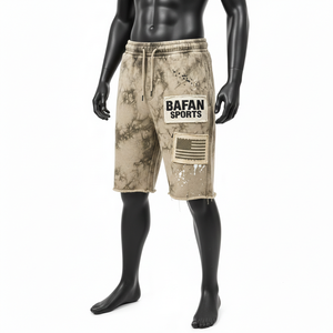 Pantalones cortos de algodón con efecto lavado ácido para hombre, 320 GSM, beige vintage, negro, con parche de logotipo bordado personalizado, estilo streetwear. - Product Image 4