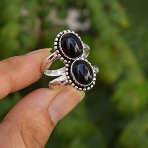 Bague en argent massif 925 avec double pierre d'onyx noir pour femme, bague de créateur - Product Image 5