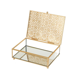 Caja de Joyería Moderna de Lujo en Vidrio con Marco de Metal Dorado, Trabajo de Grabado en Latón, Tapa con Iluminación LED, para Anillos, Aretes, Collares, Decoración del Hogar - Product Image 2