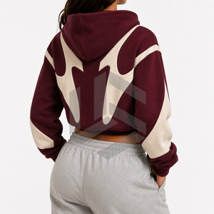 Women's <b>Cropped</b> <b>Zip</b>-<b>Up</b> Hoodie Color Blocked Maroon for Full Sleeve Hooded Sweatshirt Breathable Knitted Fabric Winter Front - Product Image 5